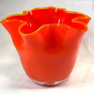 Vibrant Red Yellow Murano Ruffle Glass Handkerchief Vase